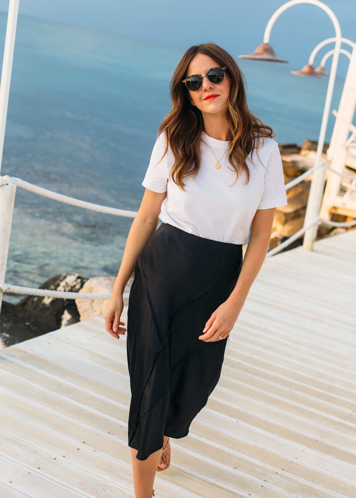 Black Silk A-Line Skirt With White T-Shirt, Close-Up Take — Classy Silk Skirt Outfit