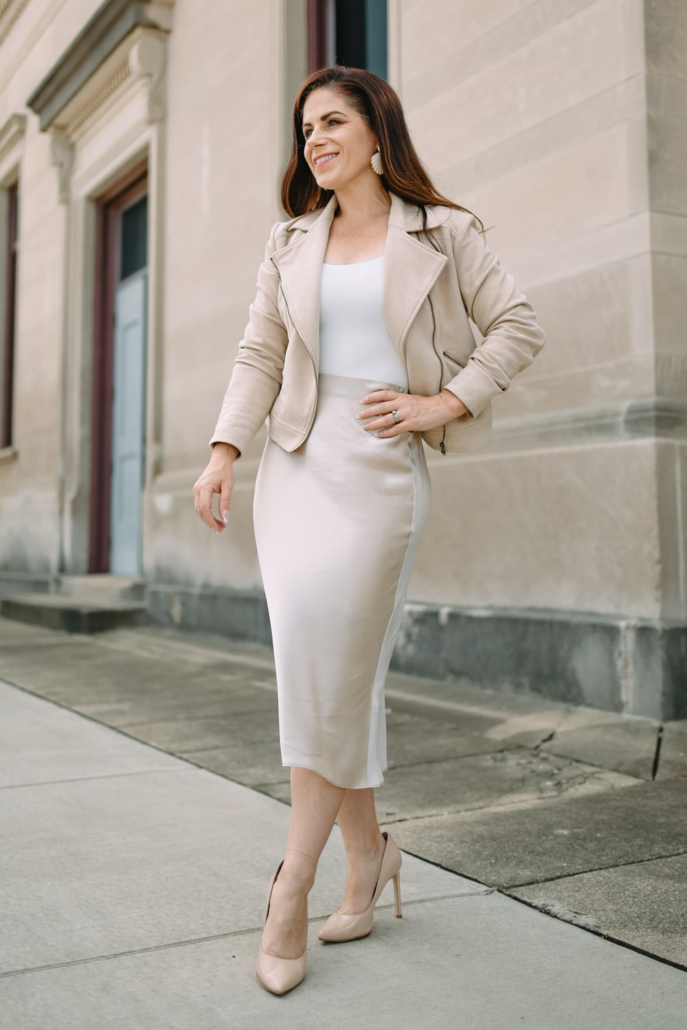 Cream Pencil Skirt With Moto Jacket — Classy Silk Skirt Outfit