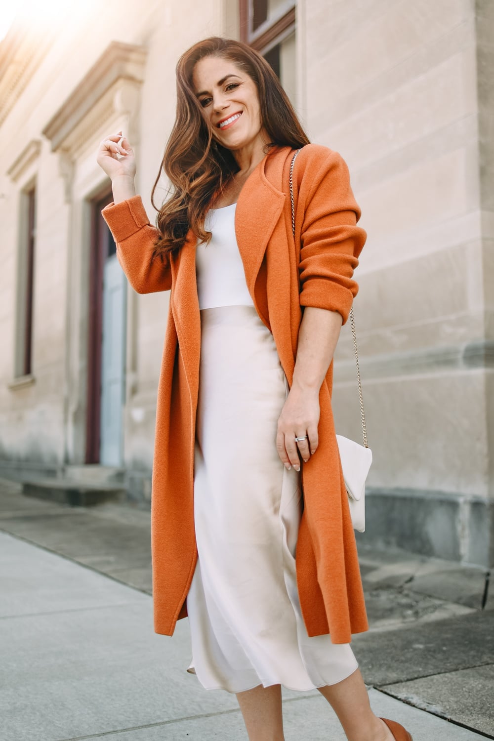 Cream Silk Skirt With Orange Knit Coat — Classy Silk Skirt Outfit