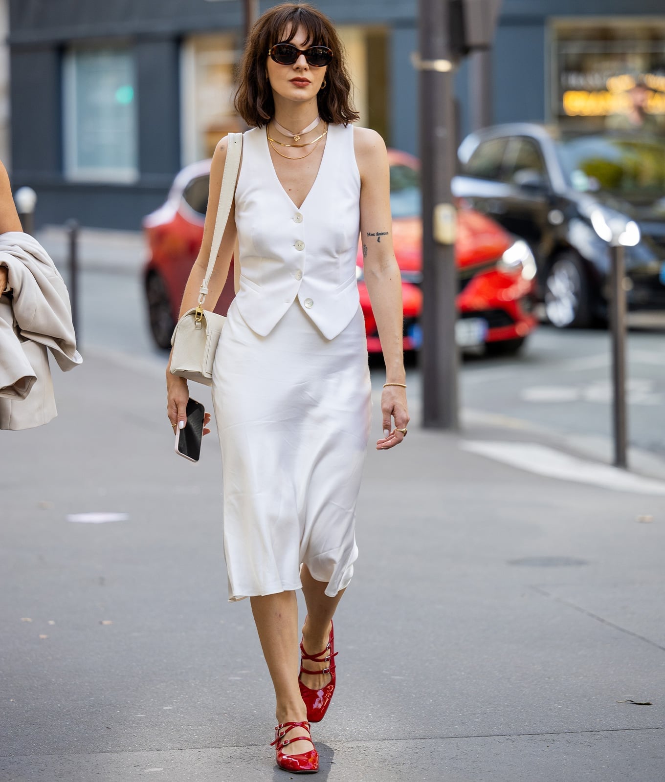 Cream Bias Cut Midi Skirt With Knit Sweater and Tan Pointed Toe Heels — Classy Silk Skirt Outfit