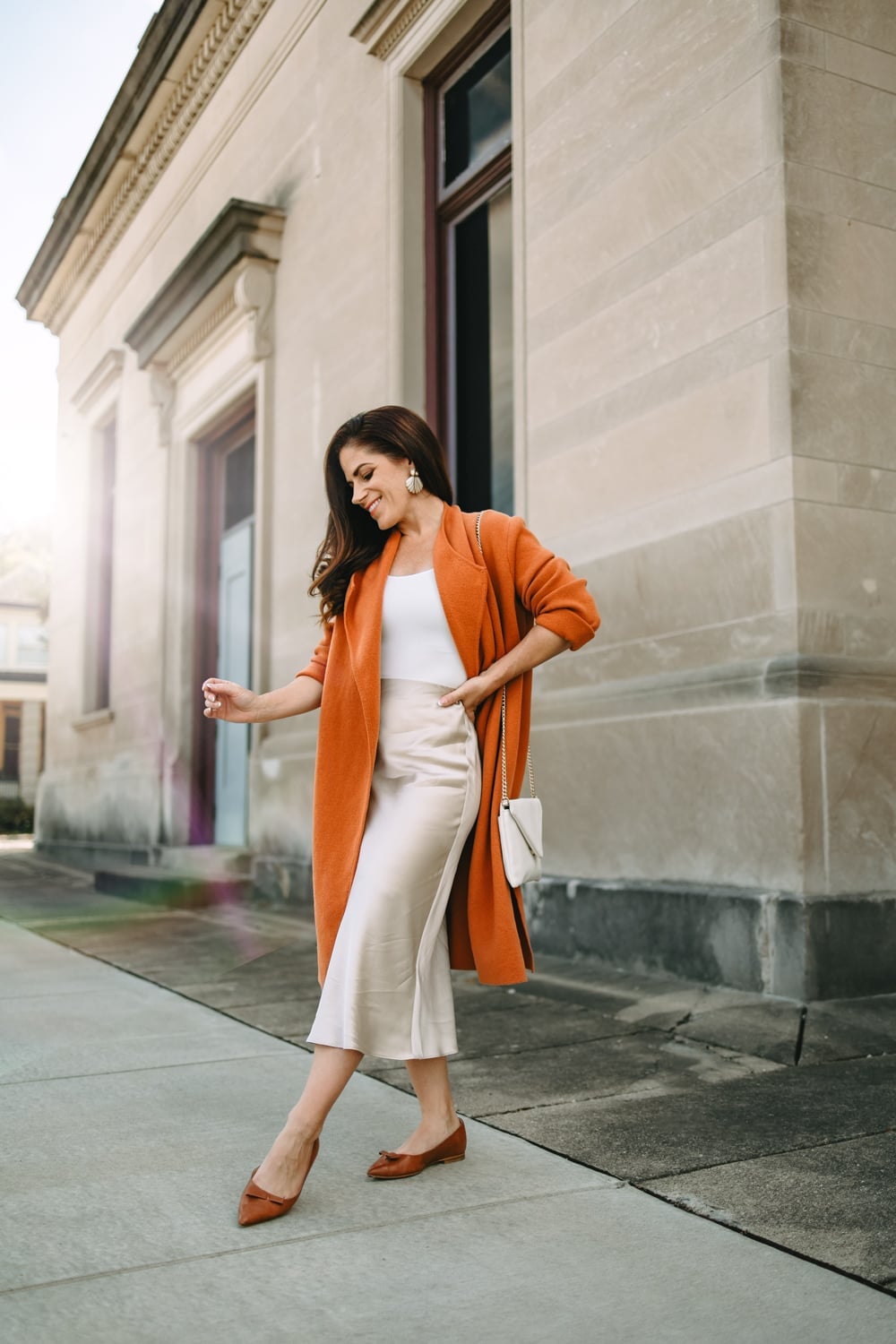 Cream Silk Satin Skirt With Rust Cardigan — Classy Silk Skirt Outfit