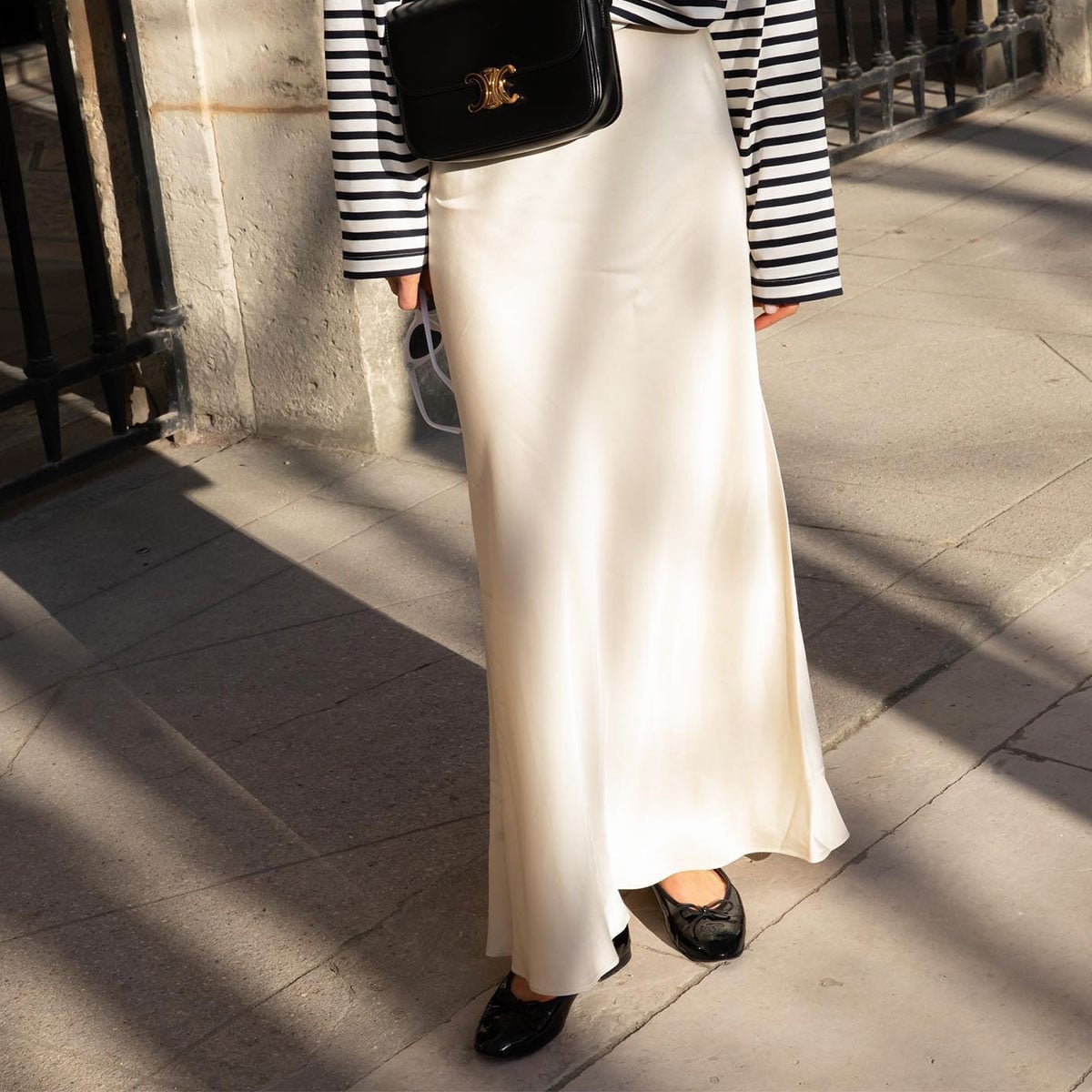 Cream Silk Maxi Skirt With Striped Top — Classy Silk Skirt Outfit