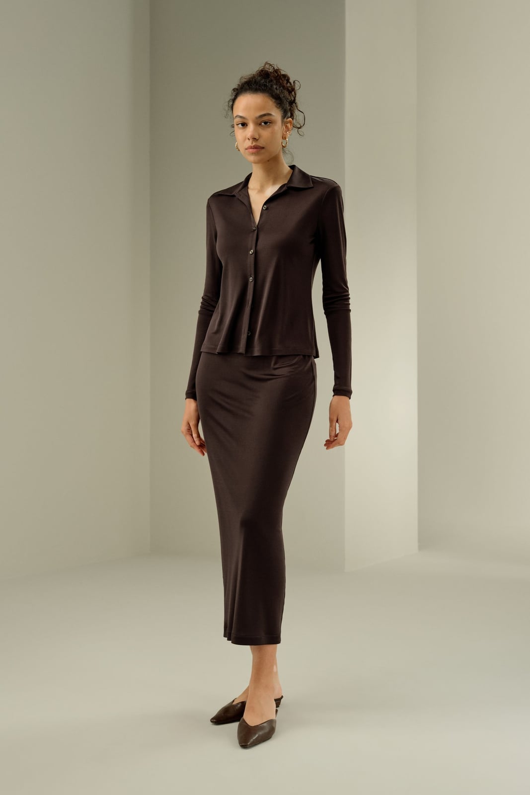 Dark Brown Monochromatic Silk Skirt Outfit — Classy Silk Skirt Outfit