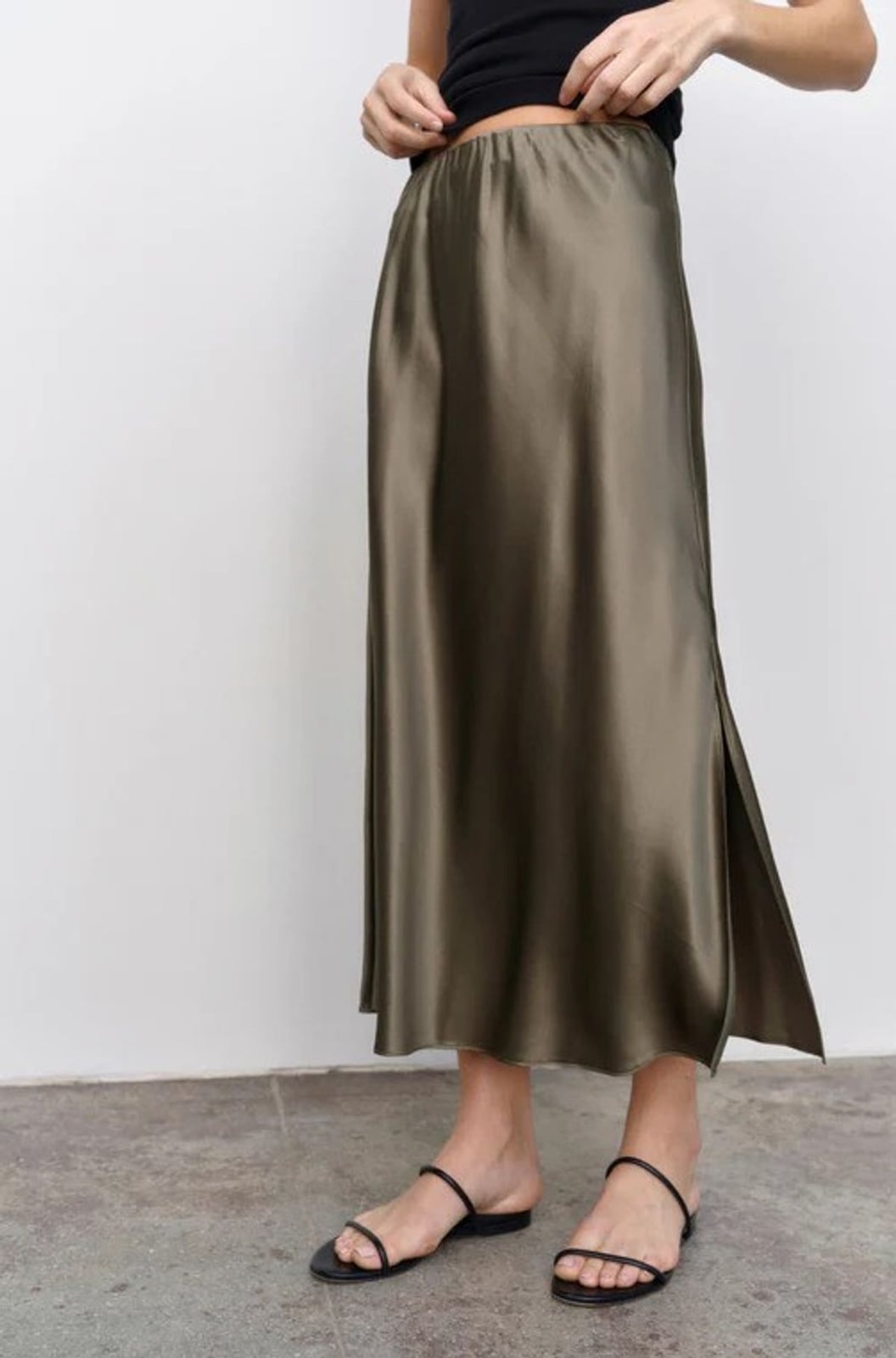 Olive Green Silk Midi Skirt With Side Slit — Classy Silk Skirt Outfit