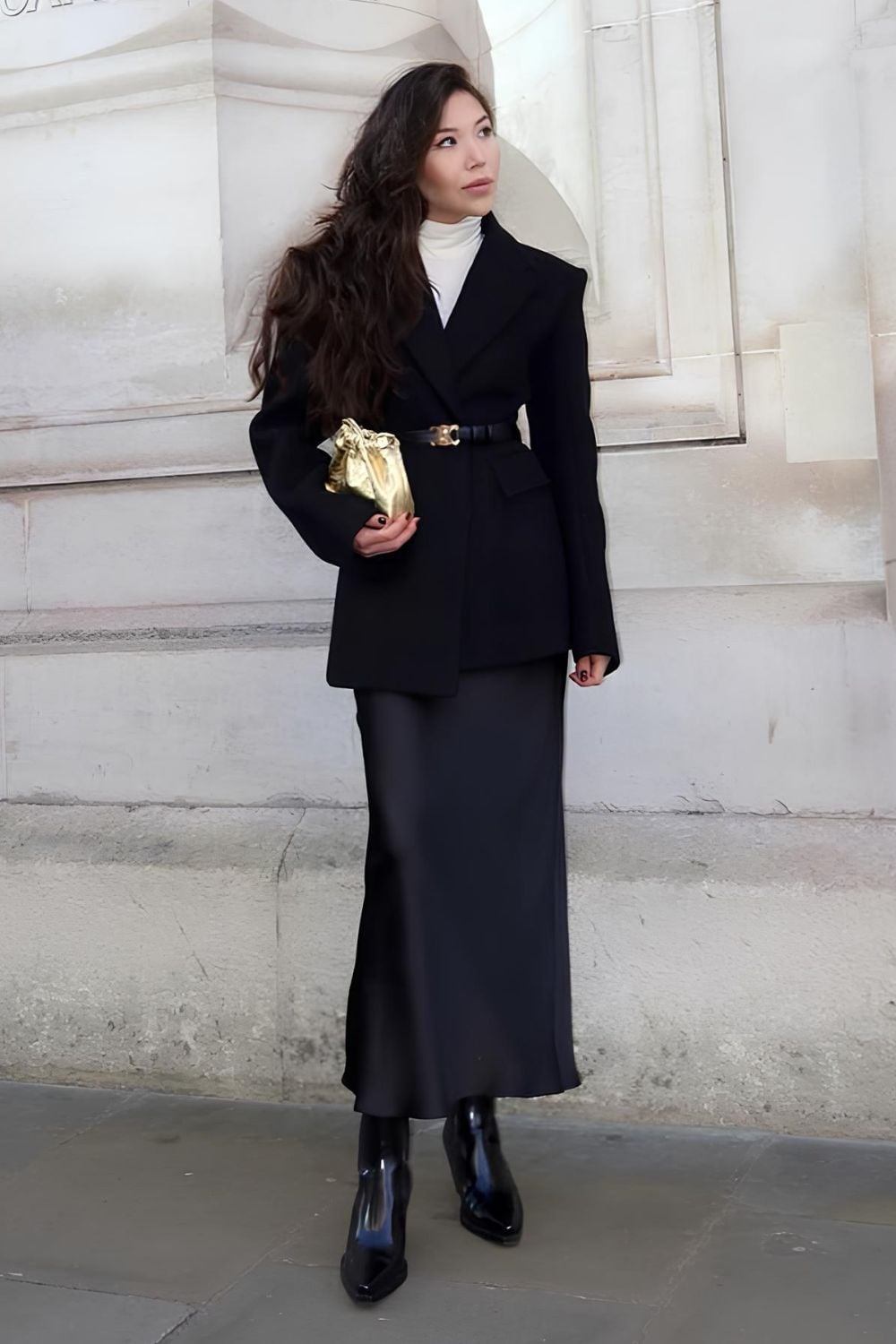 Black Silk Maxi Skirt With White Turtleneck, Close-Up Take — Classy Silk Skirt Outfit