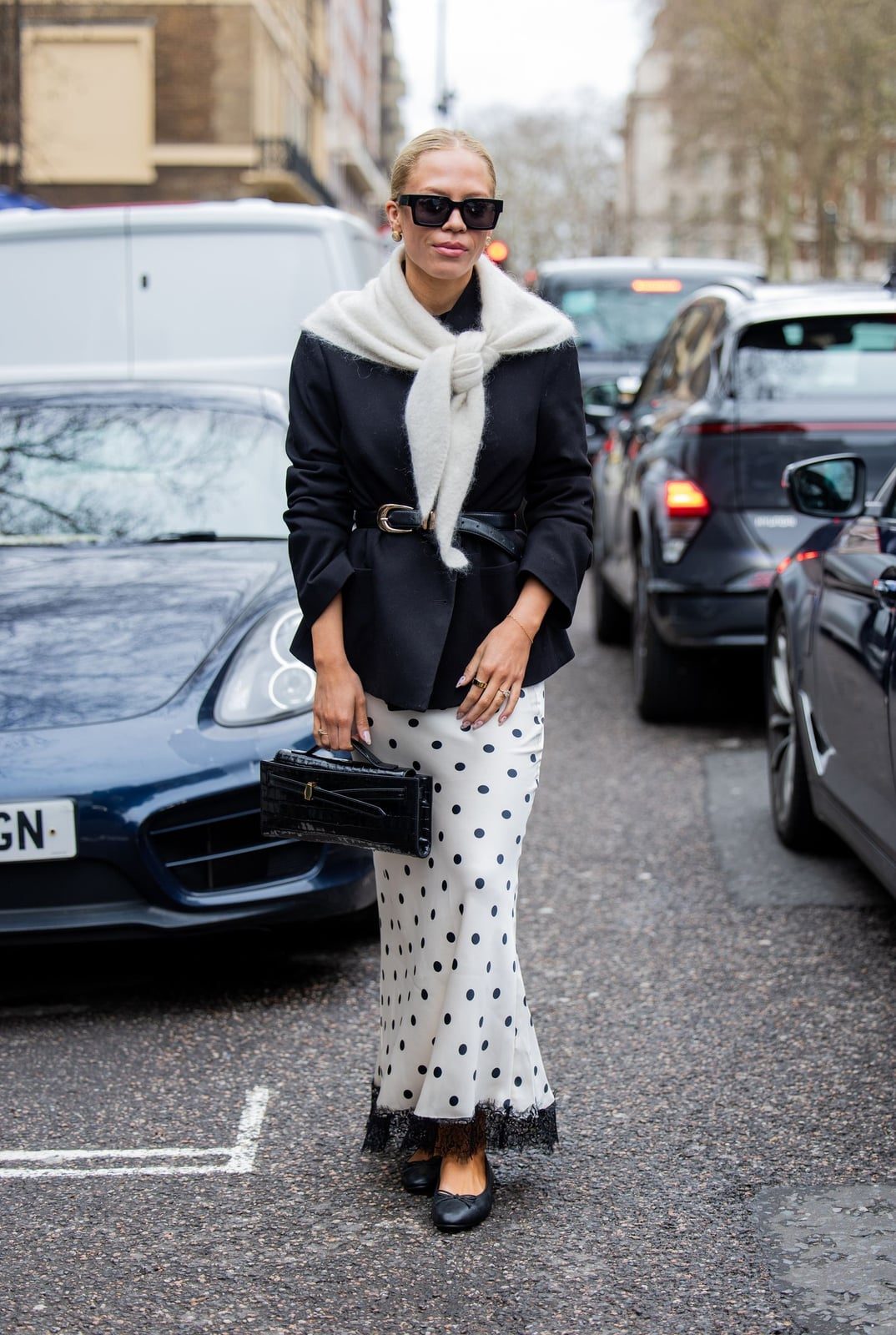 Polka Dot Silk Maxi Skirt With Blazer and Black Pointed-Toe Flats — Classy Silk Skirt Outfit