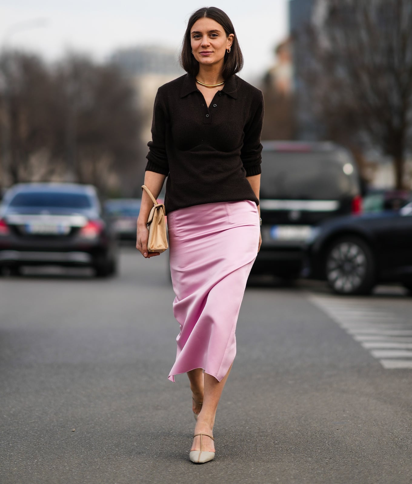 Cream Satin Midi Skirt With Black Sweater, Close-Up Take — Classy Silk Skirt Outfit