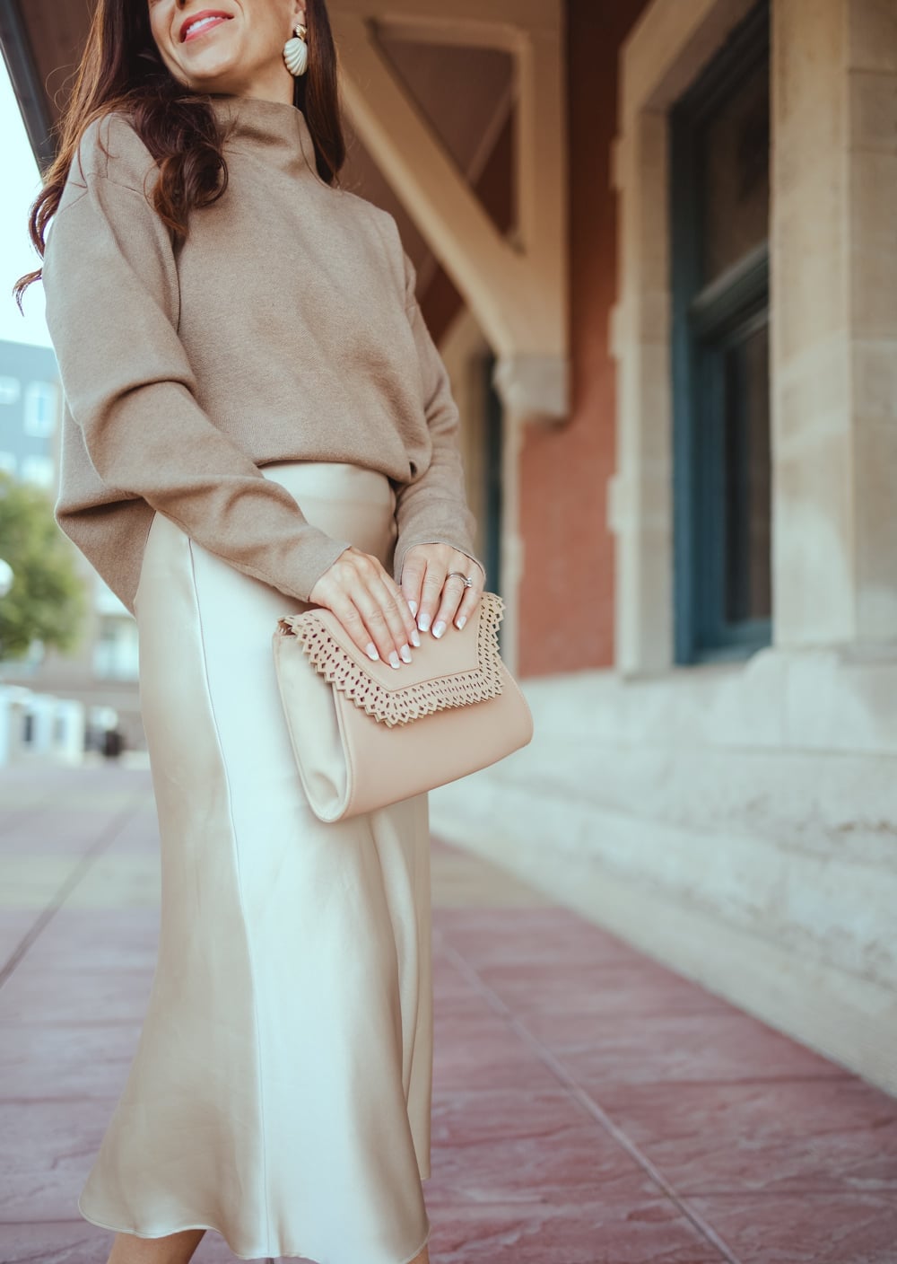 Beige Silk Satin Midi Skirt With Turtleneck — Classy Silk Skirt Outfit