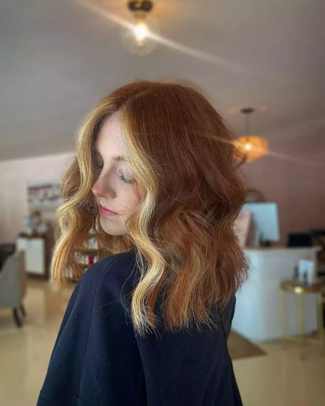 Collarbone Lob With Curtain Bangs and Red Base — Classy Skunk Stripe Hair
