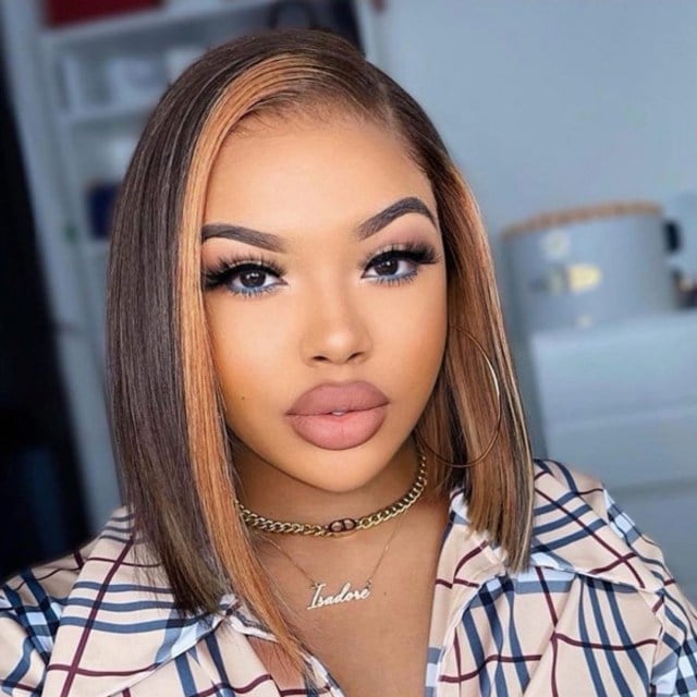 Chin Length Bob With Curtain Bangs and Blonde Skunk Stripe — Classy Skunk Stripe Hair