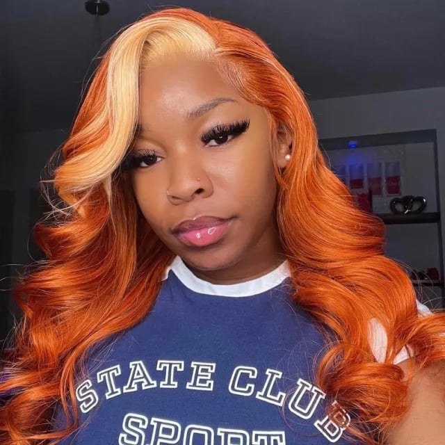Mid-Back Orange Base With Blonde Face-Framing Highlights — Classy Skunk Stripe Hair