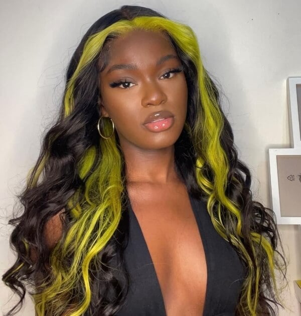 Mid-Back Black With Bright Lime Green Streaks — Classy Skunk Stripe Hair