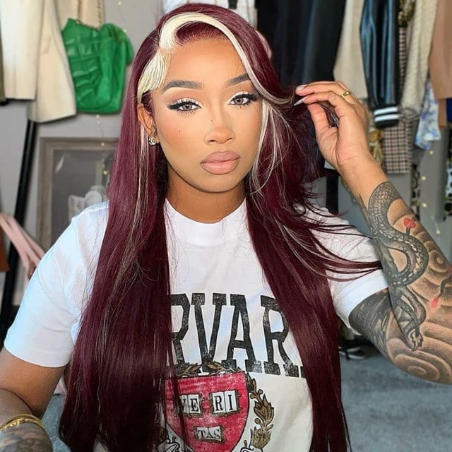Mid-Back Dark Red With Straight Blonde Highlights and Long Layers — Classy Skunk Stripe Hair