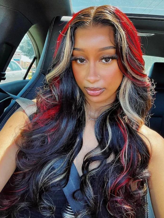 Mid-Back Black With Red and Blonde Skunk Stripes — Classy Skunk Stripe Hair