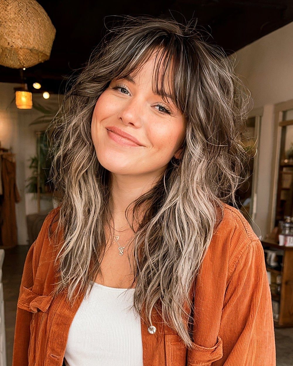 Shoulder Length Shag With Face-Framing Ash Blonde Highlights — Classy Skunk Stripe Hair