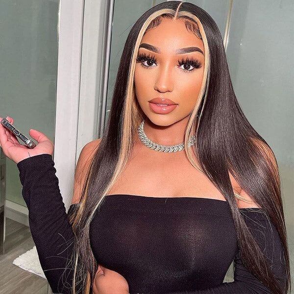 Mid-Back Black With Face-Framing Blonde Stripes, Straight — Classy Skunk Stripe Hair