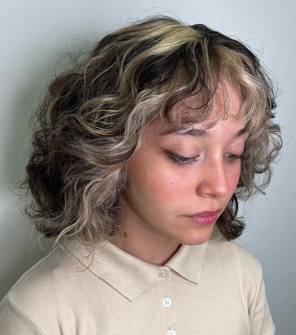 Mid-Back Red With Bold Blonde Skunk Stripe and Face-Framing Pieces — Classy Skunk Stripe Hair