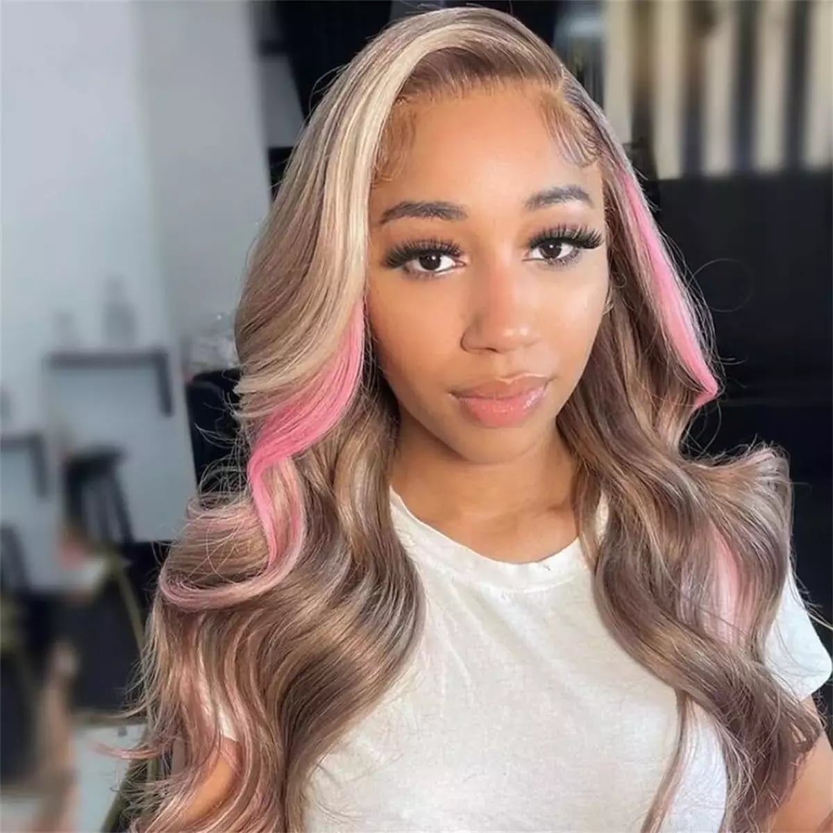 Mid-Back Dark Brown With Pink and Blonde Highlights — Classy Skunk Stripe Hair