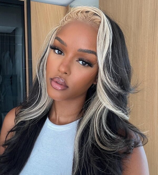 Mid-Back Length With Platinum Blonde Face-Framing Streaks — Classy Skunk Stripe Hair