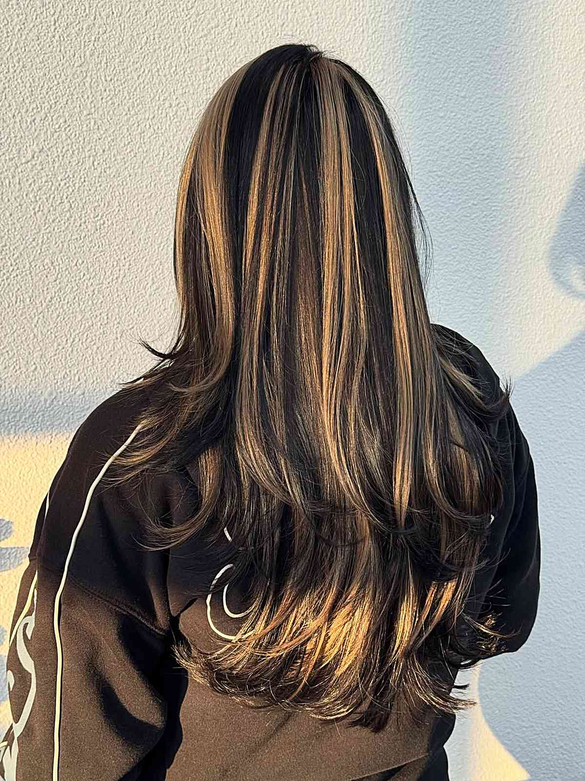 Mid-Back Length With Blonde and Caramel Highlights — Classy Skunk Stripe Hair