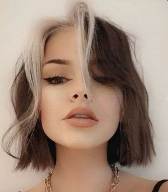 Collarbone Bob With Curtain Bangs and Platinum Streaks — Classy Skunk Stripe Hair