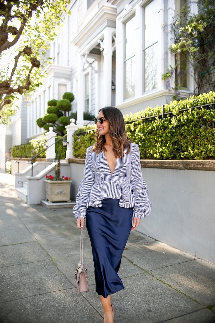 Navy Slip Skirt With Plunging Blouse and Nude Pointed-Toe Heels — Classy Slip Skirt Outfits