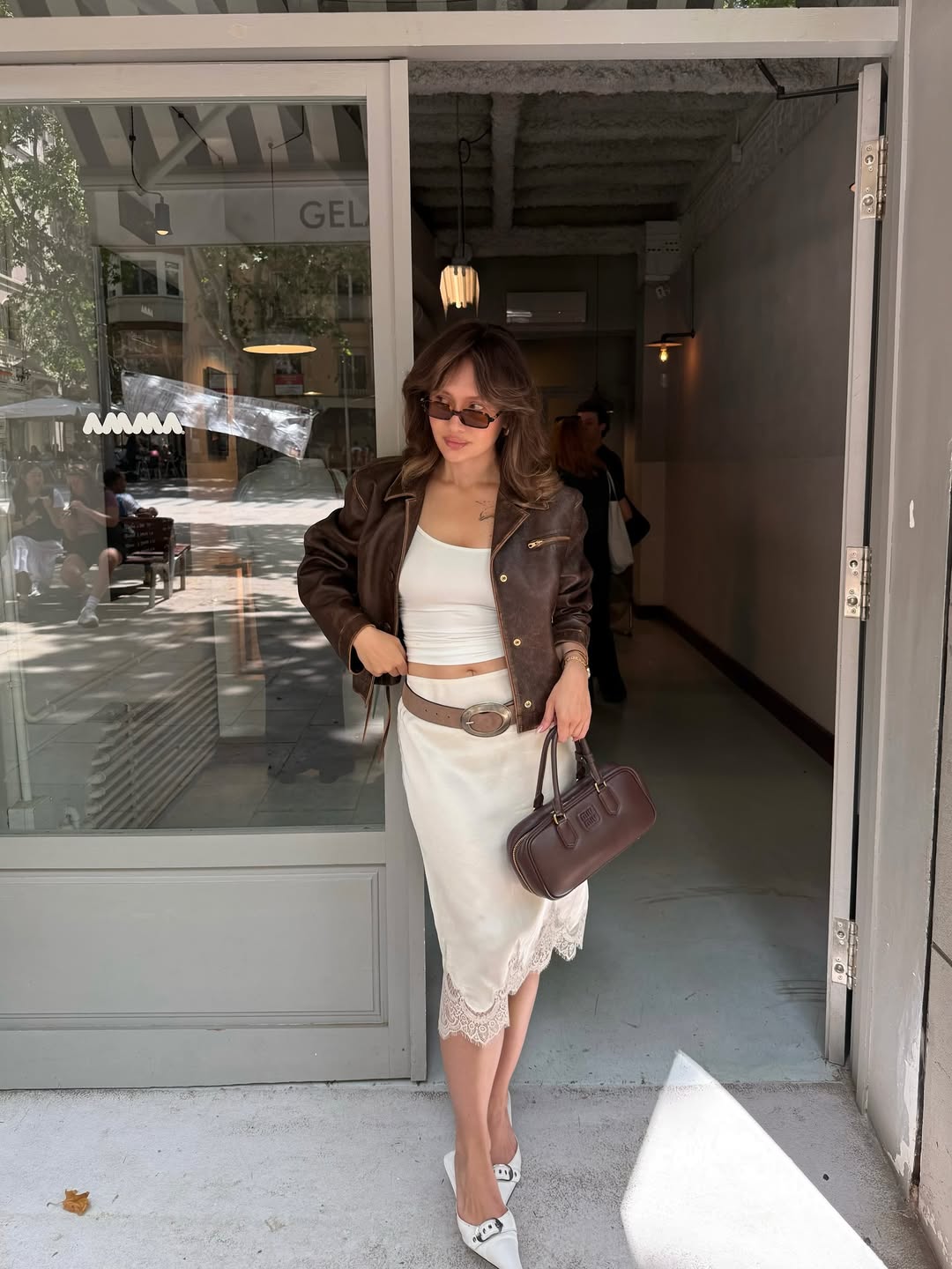 White Slip Skirt With Leather Jacket — Classy Slip Skirt Outfits