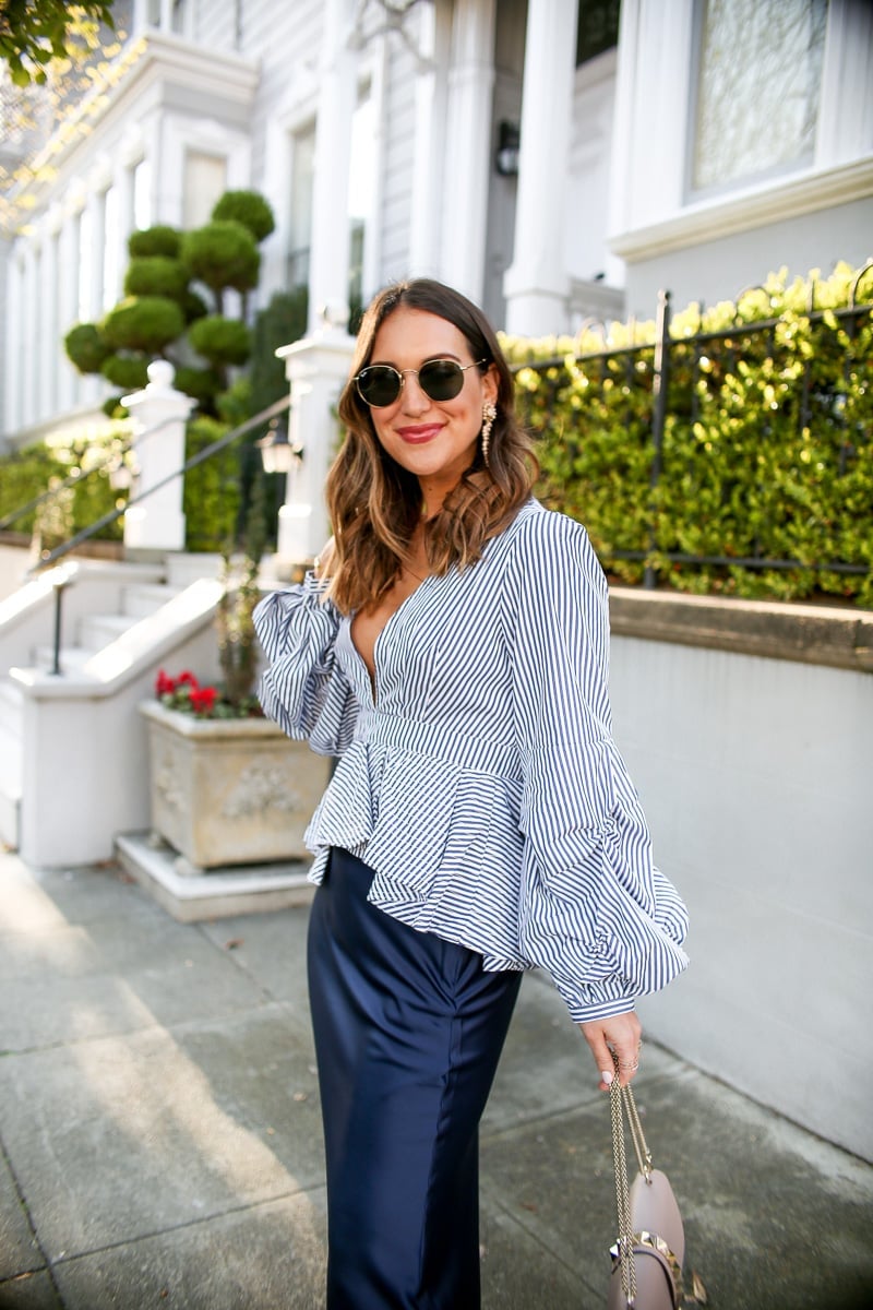Navy Slip Skirt With Balloon Sleeve Blouse — Classy Slip Skirt Outfits