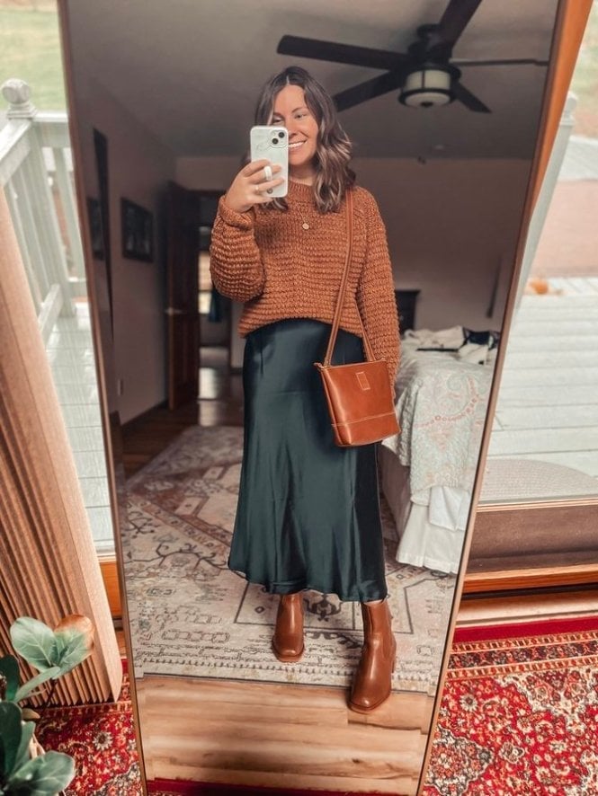 Black Slip Skirt With Chunky Knit — Classy Slip Skirt Outfits