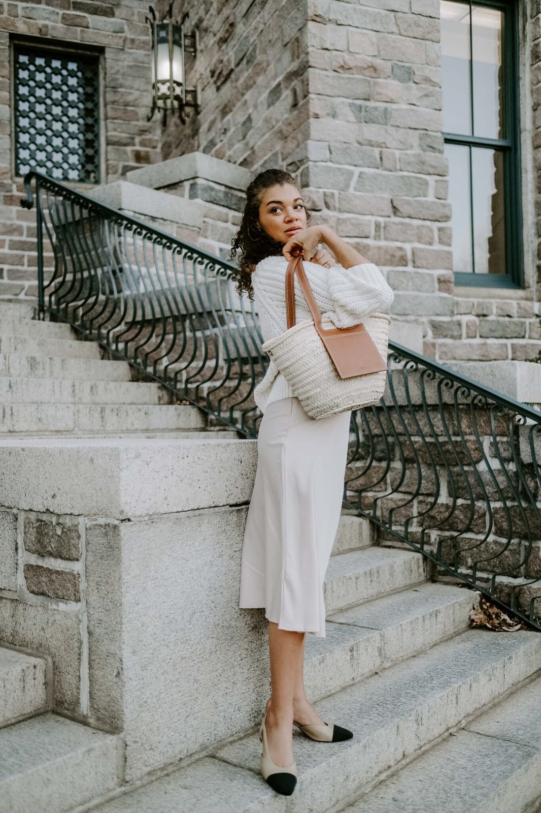 Beige Slip Skirt With Cable Knit Sweater — Classy Slip Skirt Outfits
