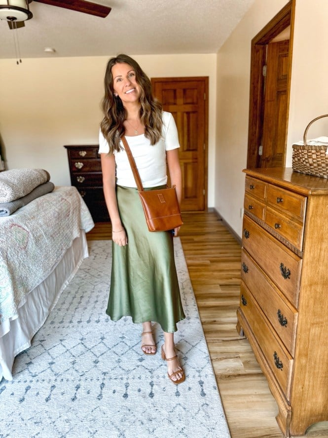 Olive Green Slip Skirt With White T-Shirt — Classy Slip Skirt Outfits