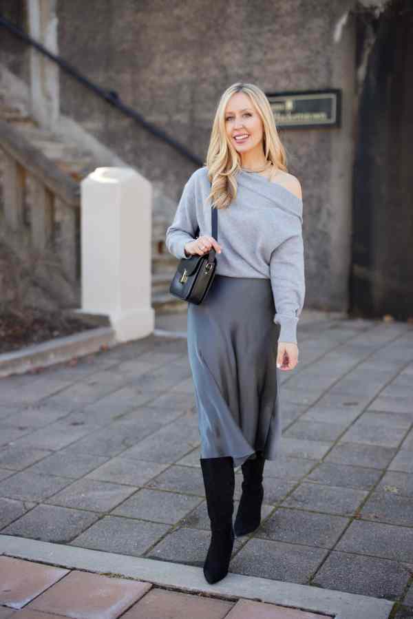 Monochromatic Grey Slip Skirt Look With Black Knee-High Boots — Classy Slip Skirt Outfits