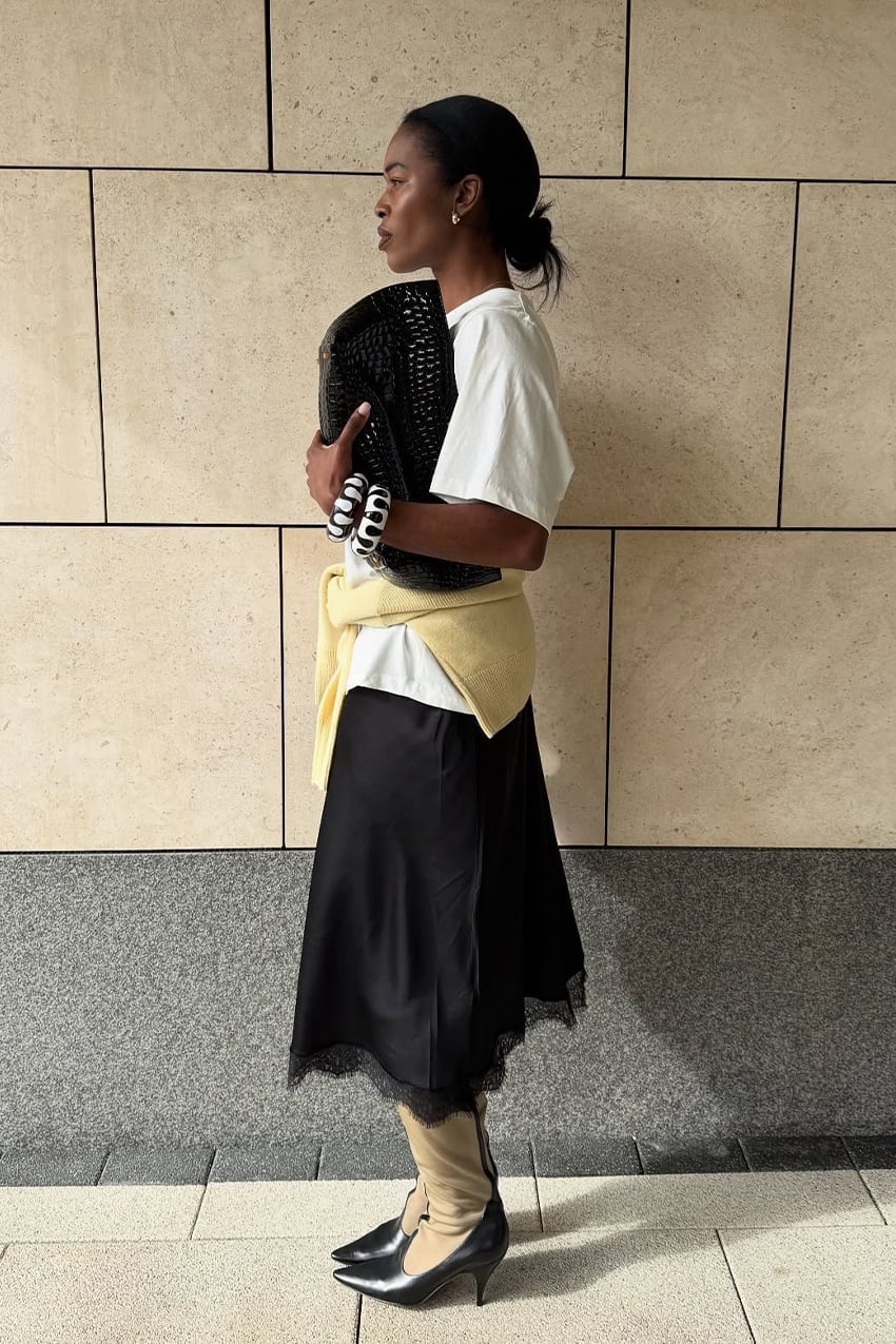 Midi Skirt With Lace Trim and Sweater and Black Pointed-Toe Heels — Classy Slip Skirt Outfits