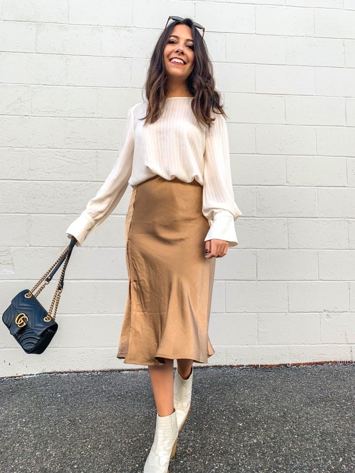 Camel Slip Skirt With Puffed Sleeve Blouse and White Ankle Boots — Classy Slip Skirt Outfits