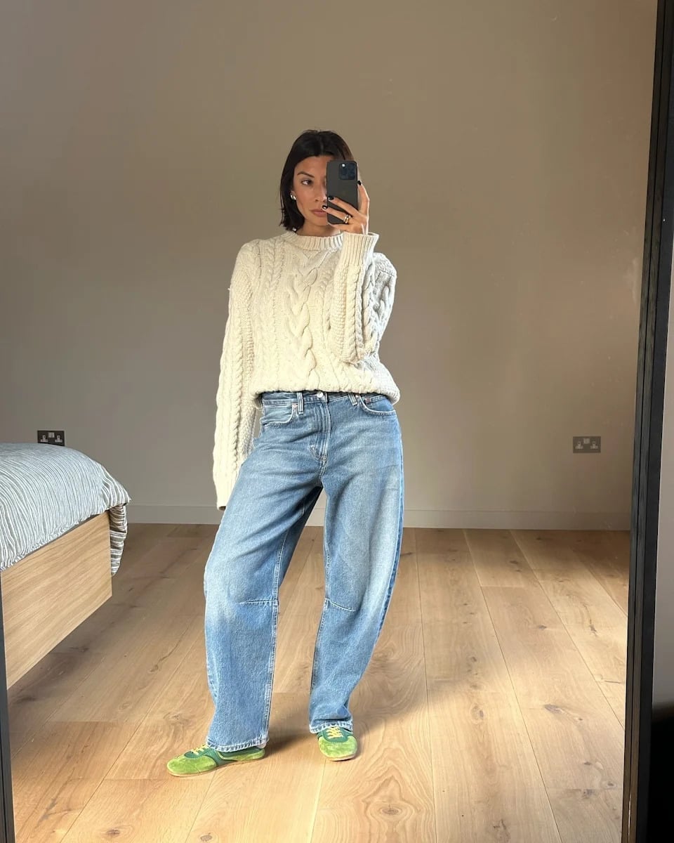 Green Sneakers with Relaxed Jeans and a Cable Knit Sweater Green Sneakers with Relaxed Jeans and a Cable Knit Sweater — Classy Sneakers Outfits