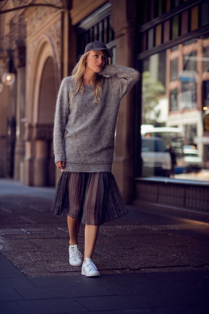 White Sneakers with a Sweater Dress and Sheer Pleated Skirt White Sneakers with a Sweater Dress and Sheer Pleated Skirt — Classy Sneakers Outfits