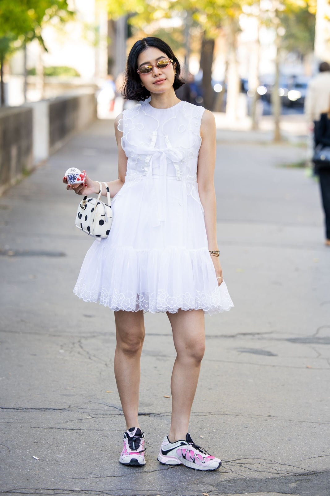 Pink and White Sneakers with a Ruffled White Dress and Cotton Blend Pink and White Sneakers with a Ruffled White Dress and Cotton Blend — Classy Sneakers Outfits