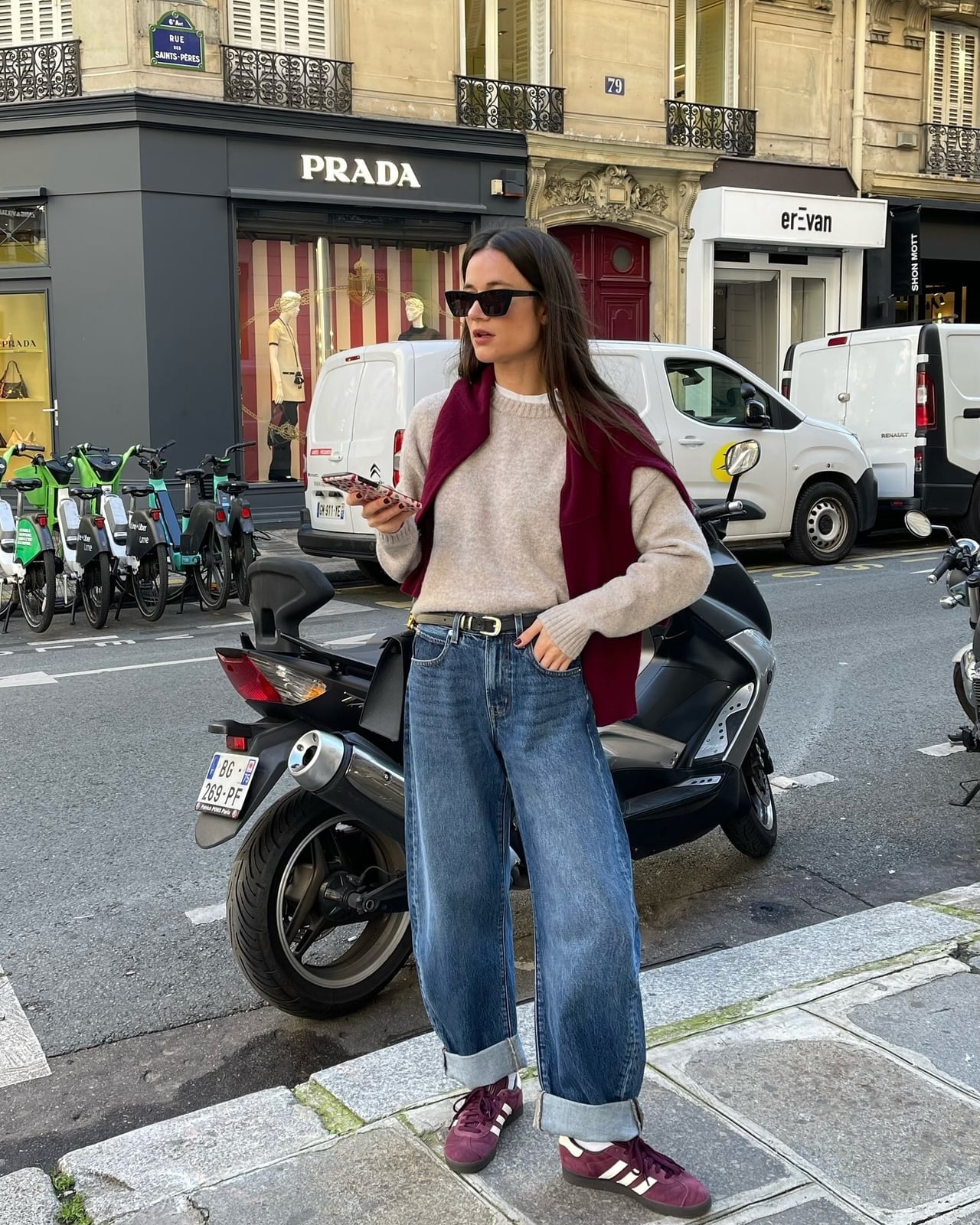 Burgundy Sneakers with Cuffed Jeans and a Layered Sweater Burgundy Sneakers with Cuffed Jeans and a Layered Sweater — Classy Sneakers Outfits