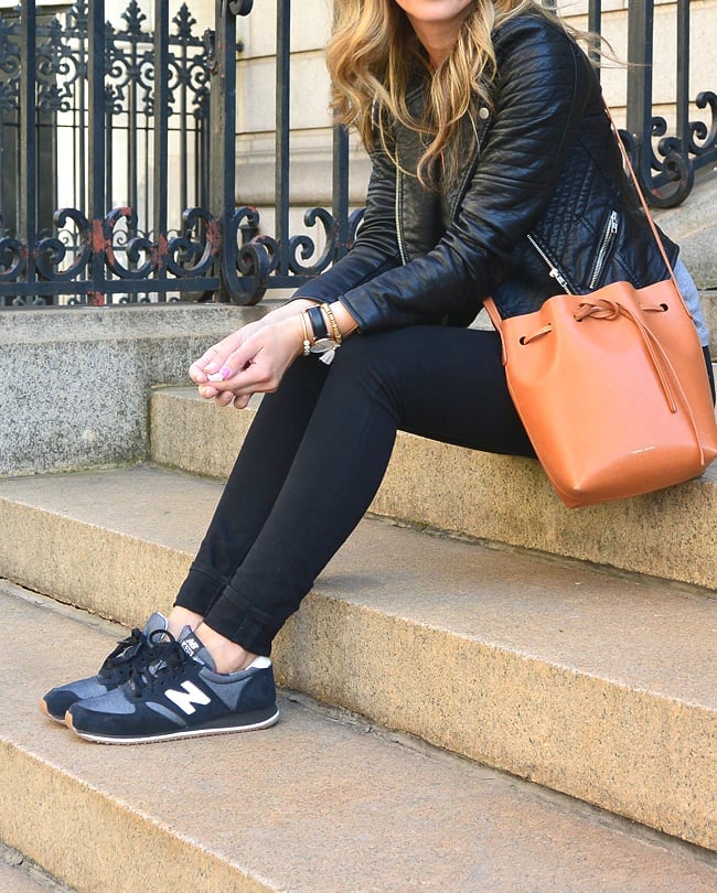 Grey and Navy Sneakers with Skinny Jeans and a Leather, Close-Up Take Grey and Navy Sneakers with Skinny Jeans and a Leather, Close-Up Take — Classy Sneakers Outfits