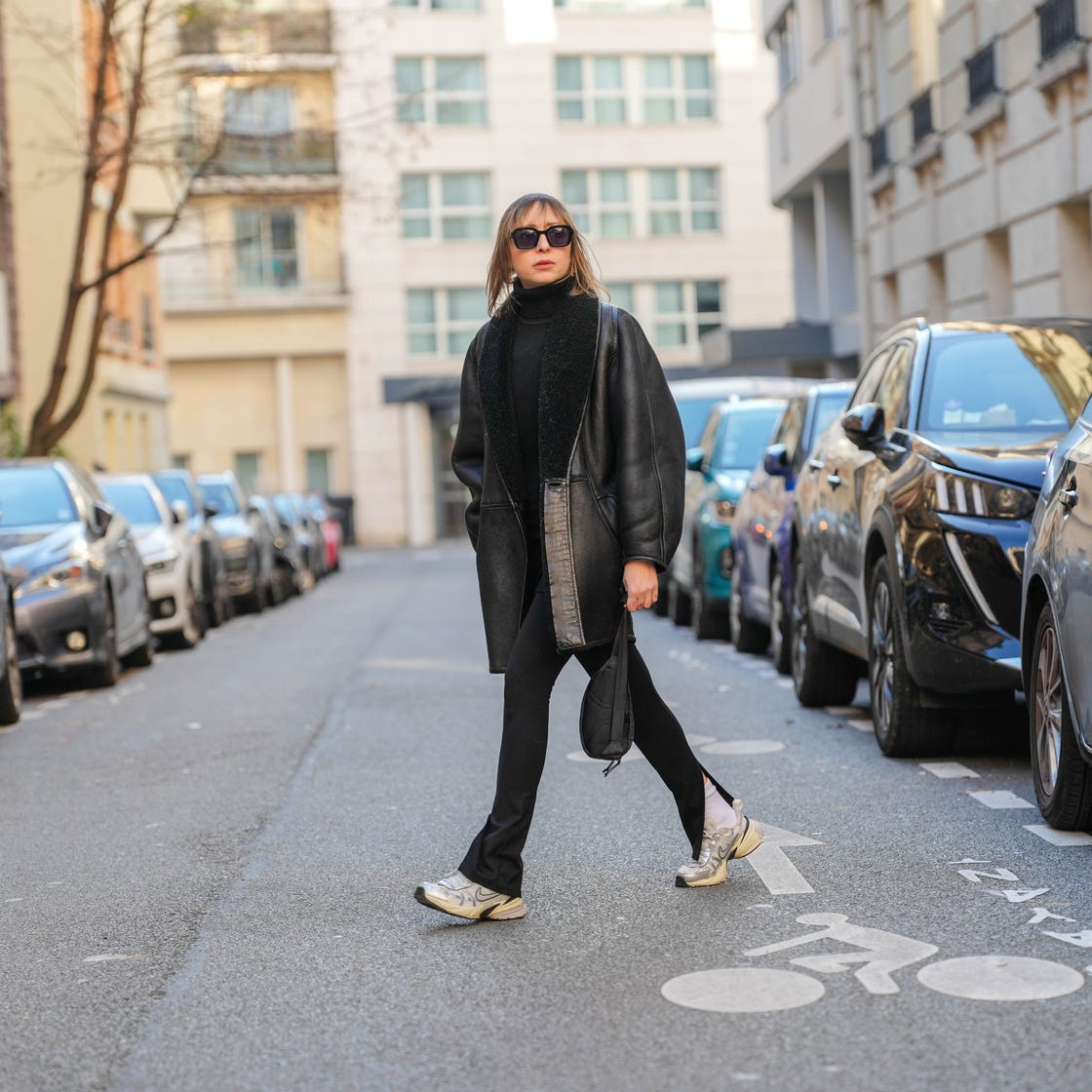 Silver Sneakers with Black Trousers and a Shearling Coat Silver Sneakers with Black Trousers and a Shearling Coat — Classy Sneakers Outfits