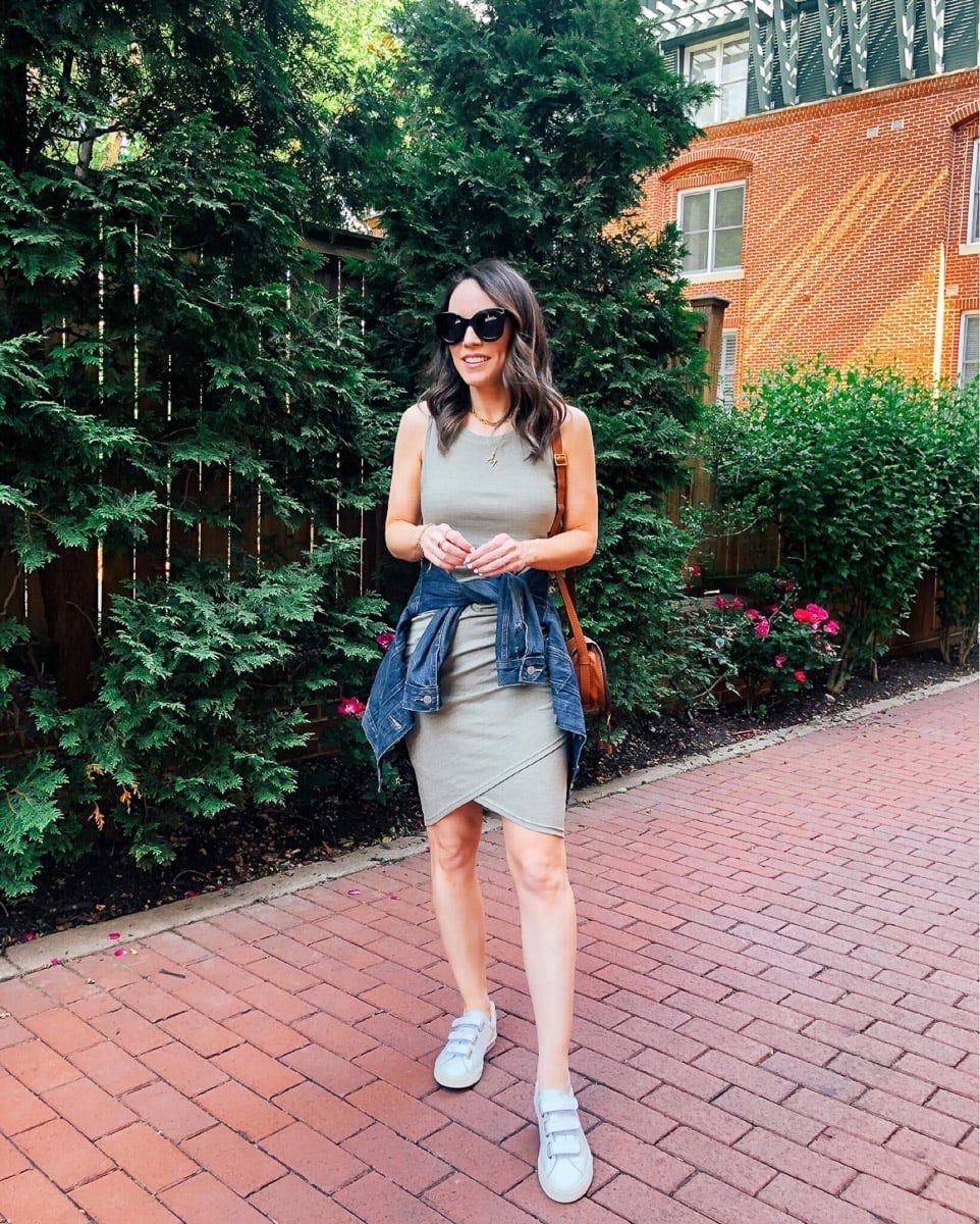 White Velcro Sneakers with a Wrap Dress and Denim Jacket White Velcro Sneakers with a Wrap Dress and Denim Jacket — Classy Sneakers Outfits