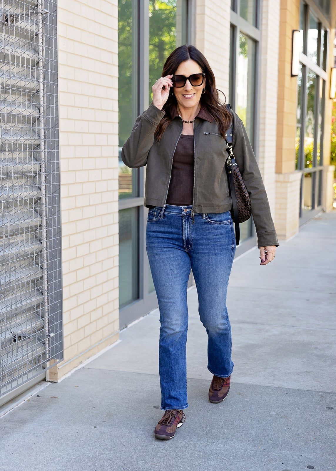 Brown and Burgundy Sneakers with Jeans and a Cropped Jacket Brown and Burgundy Sneakers with Jeans and a Cropped Jacket — Classy Sneakers Outfits