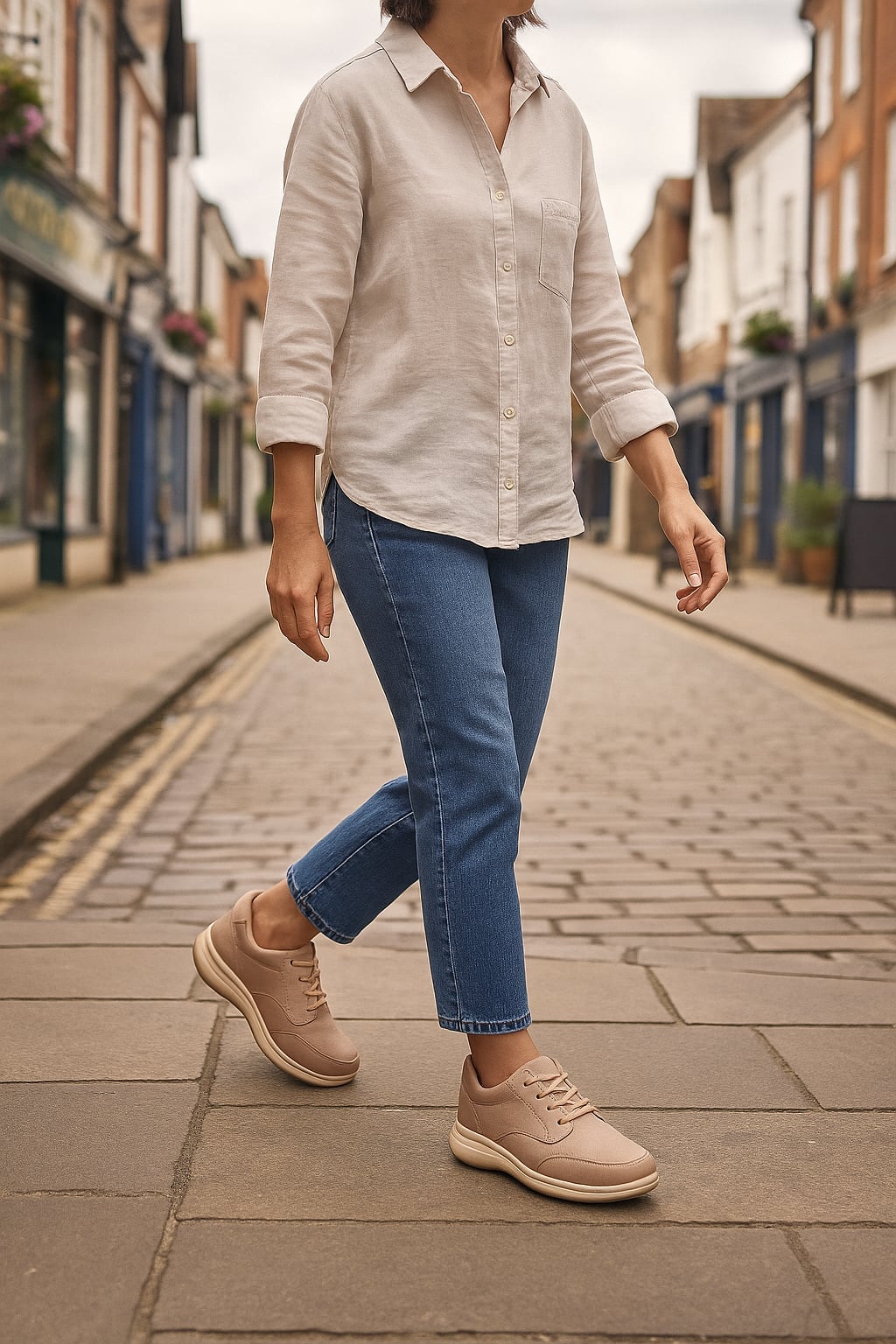 Beige Sneakers with Blue Jeans and a Linen Shirt Beige Sneakers with Blue Jeans and a Linen Shirt — Classy Sneakers Outfits