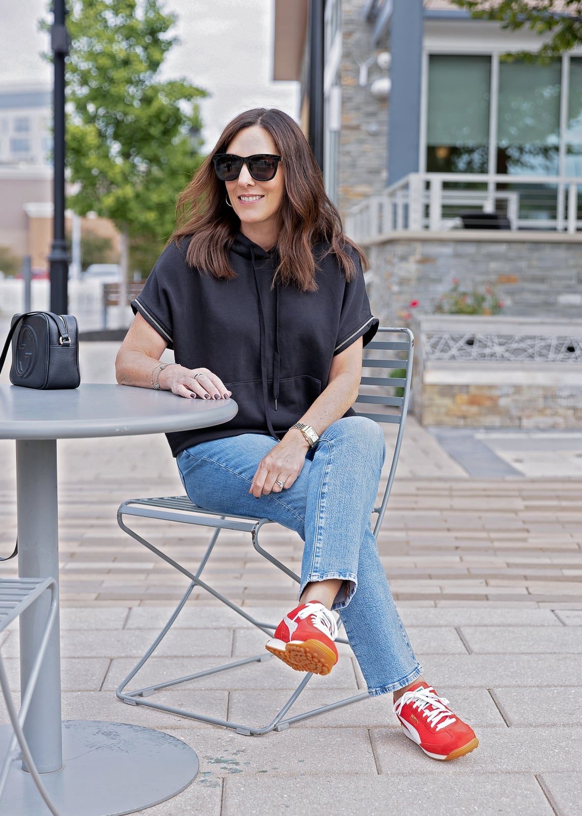 Red and White Sneakers with a Hoodie, Everyday Version Red and White Sneakers with a Hoodie, Everyday Version — Classy Sneakers Outfits