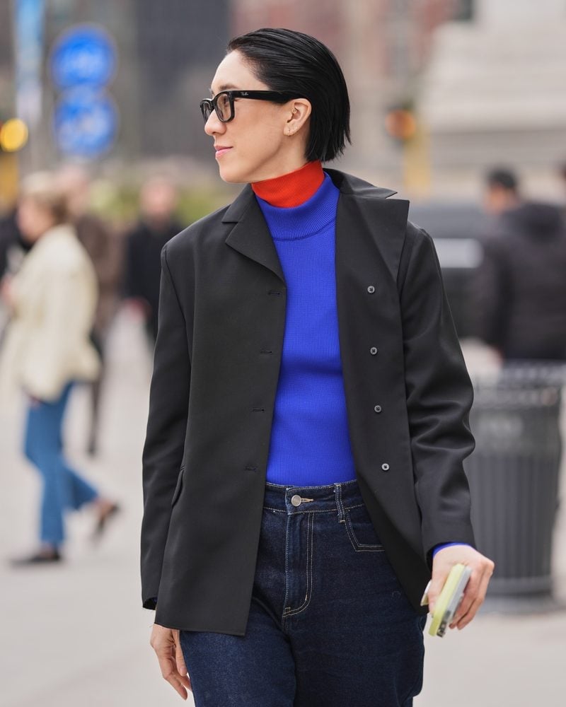 Black Blazer with Royal Blue and Red Turtlenecks — Classy Street Style Outfits