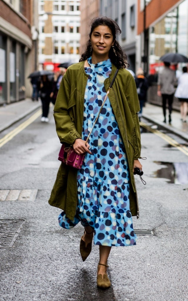Blue Polka Dot Dress with Olive Green Jacket — Classy Street Style Outfits