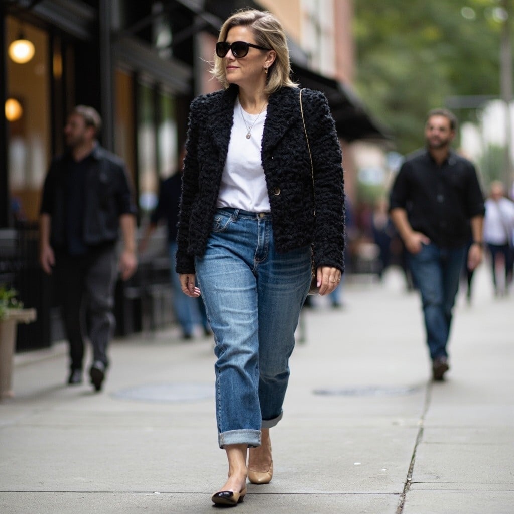 Black Textured Jacket with Jeans and White T-shirt — Classy Street Style Outfits