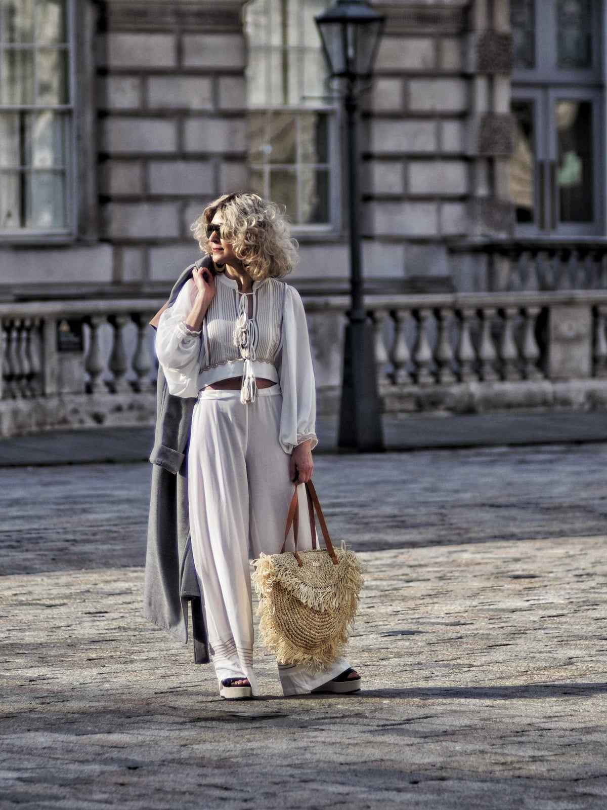 White Wide-Leg Trousers with Grey Coat Drape — Classy Street Style Outfits