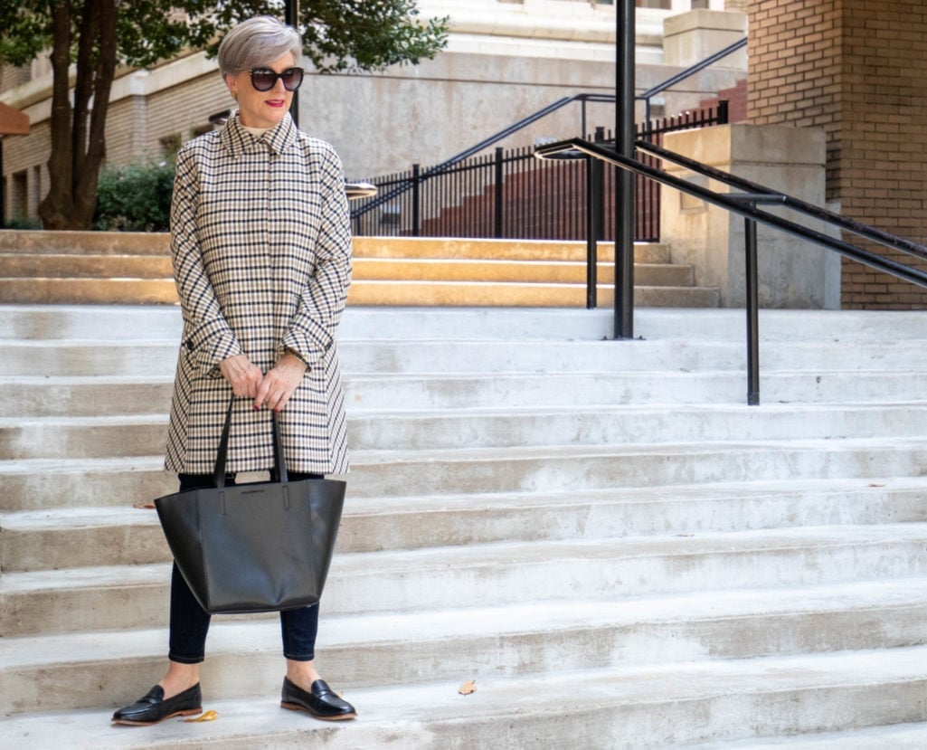 Plaid Coat Over Black Top and Jeans — Classy Street Style Outfits