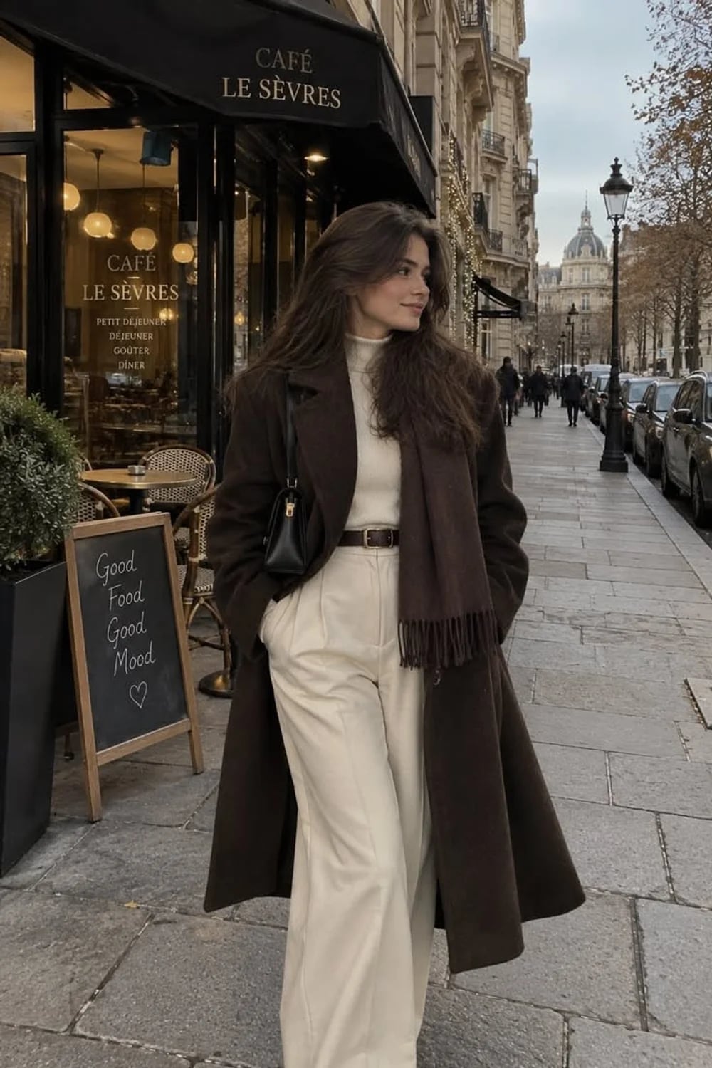 Oversized Brown Wool Coat and Cream Turtleneck Ensemble — Classy Street Style Outfits
